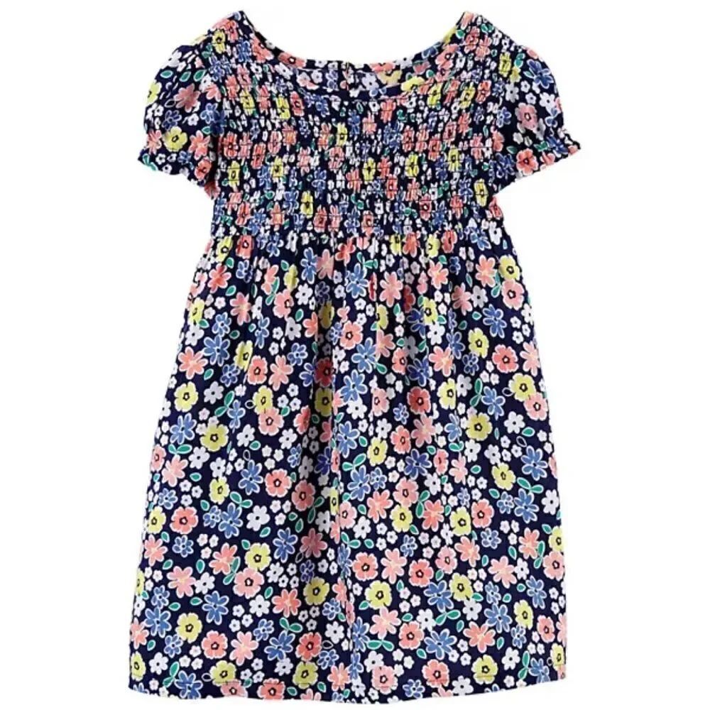 Carters girls Smocked micro Floral Poplin Dress short sleeve rayon viscose-10